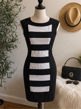G by Guess Black & White Bodycon Dress | Size S| Striped Panel | Chic Night Out